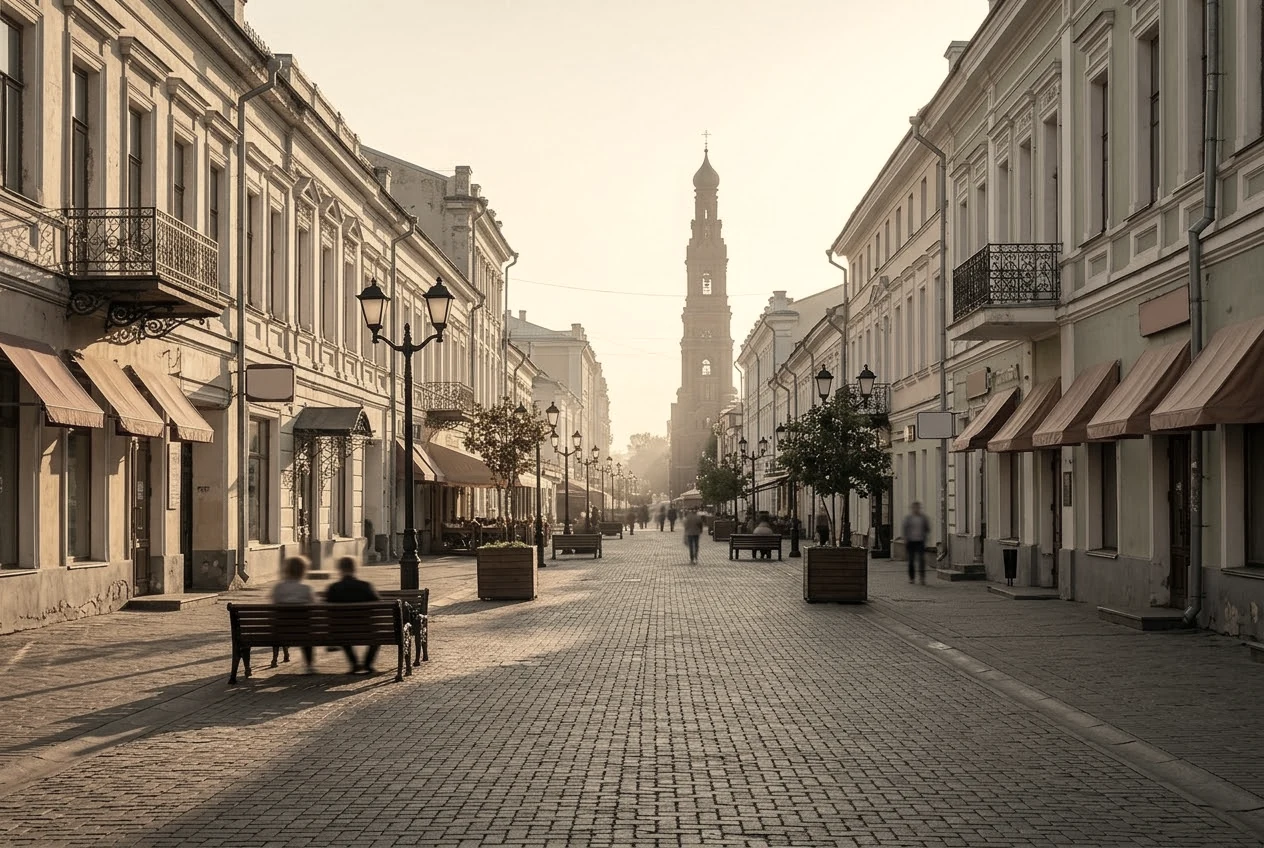 Пешеходная улица в центре Казани на закате